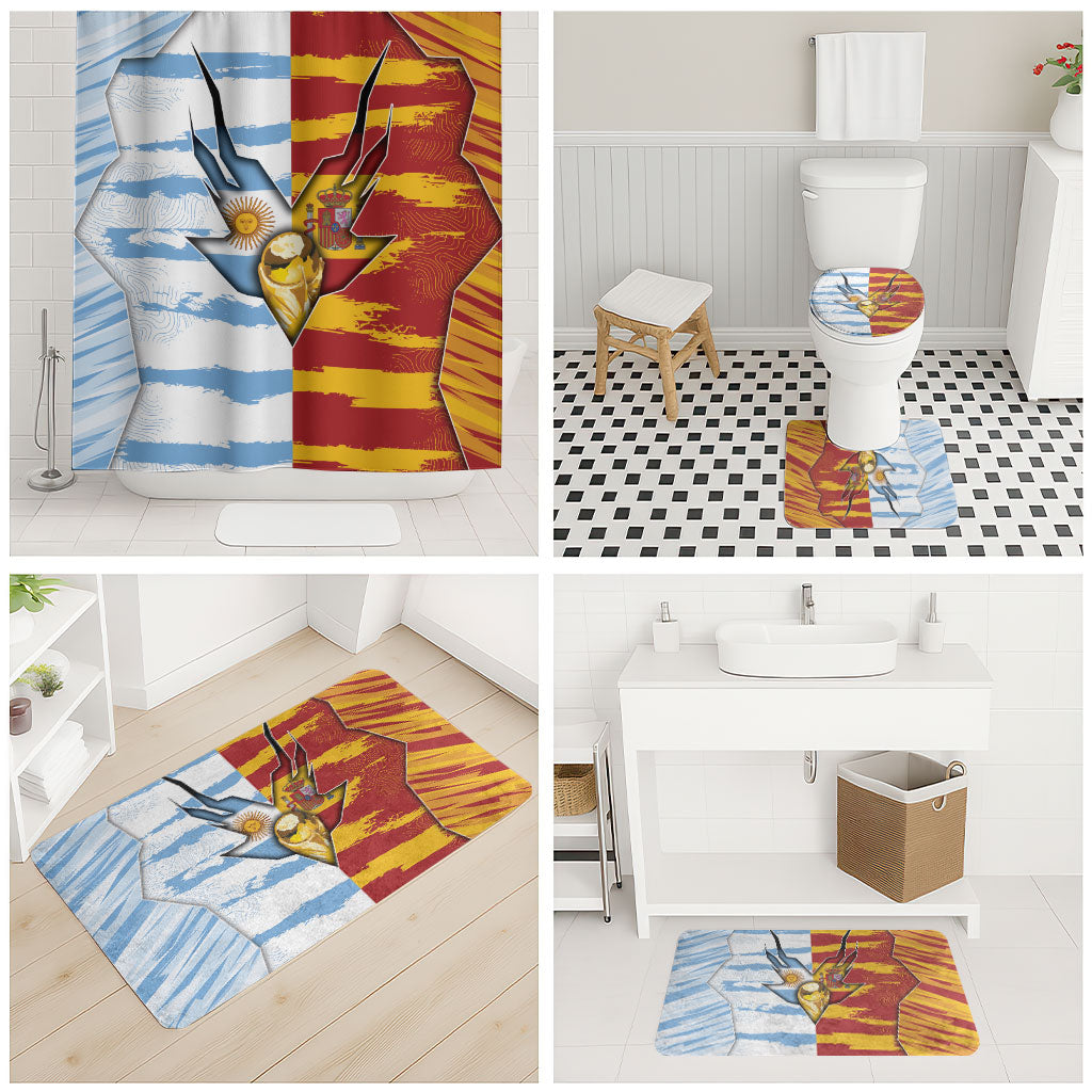 Argentina And Spain Football Bathroom Set Split Flag Golden Trophy Grunge