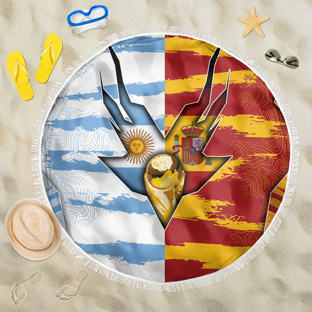 Argentina And Spain Football Beach Blanket Split Flag Golden Trophy Grunge