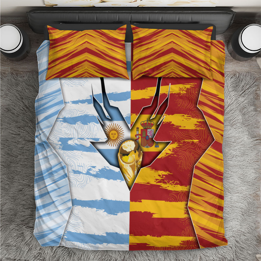 Argentina And Spain Football Bedding Set Split Flag Golden Trophy Grunge