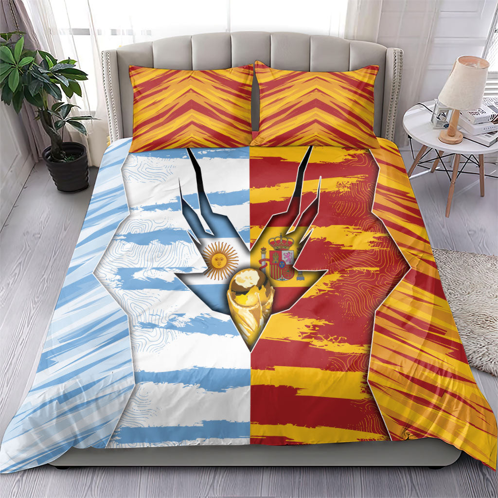 Argentina And Spain Football Bedding Set Split Flag Golden Trophy Grunge