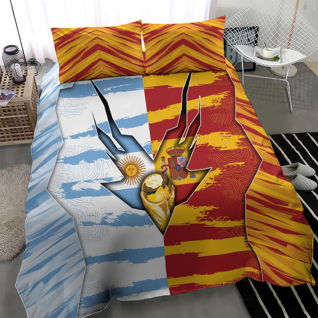 Argentina And Spain Football Bedding Set Split Flag Golden Trophy Grunge