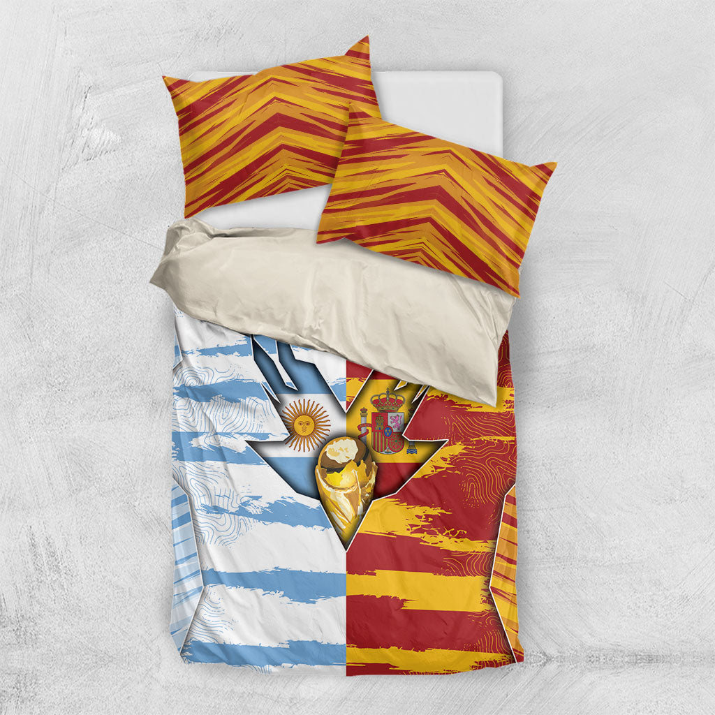 Argentina And Spain Football Bedding Set Split Flag Golden Trophy Grunge