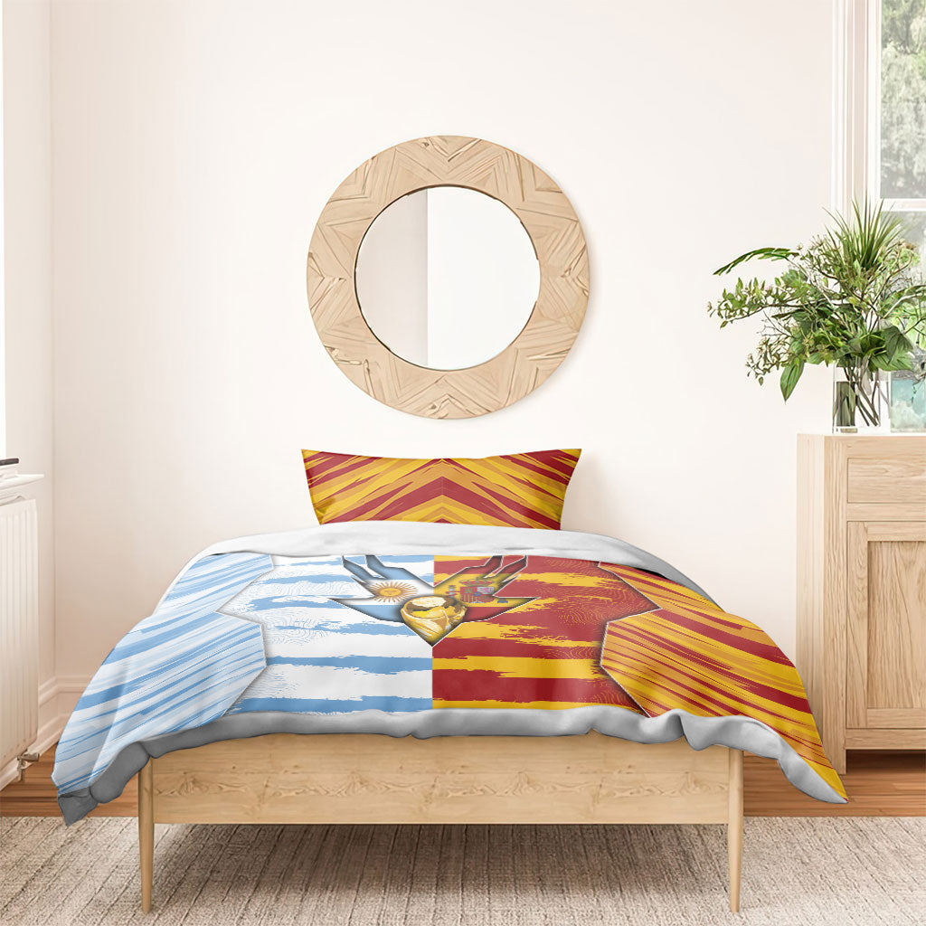 Argentina And Spain Football Bedding Set Split Flag Golden Trophy Grunge