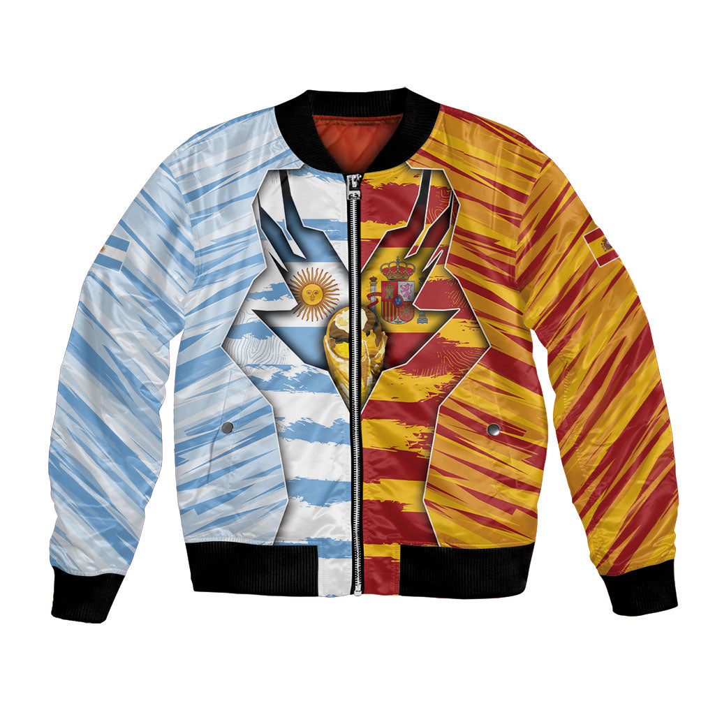 Custom Argentina And Spain Football Bomber Jacket Split Flag Golden Trophy Grunge
