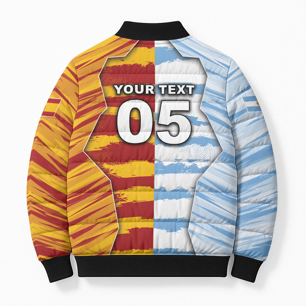 Custom Argentina And Spain Football Bomber Puffer Jacket Split Flag Golden Trophy Grunge