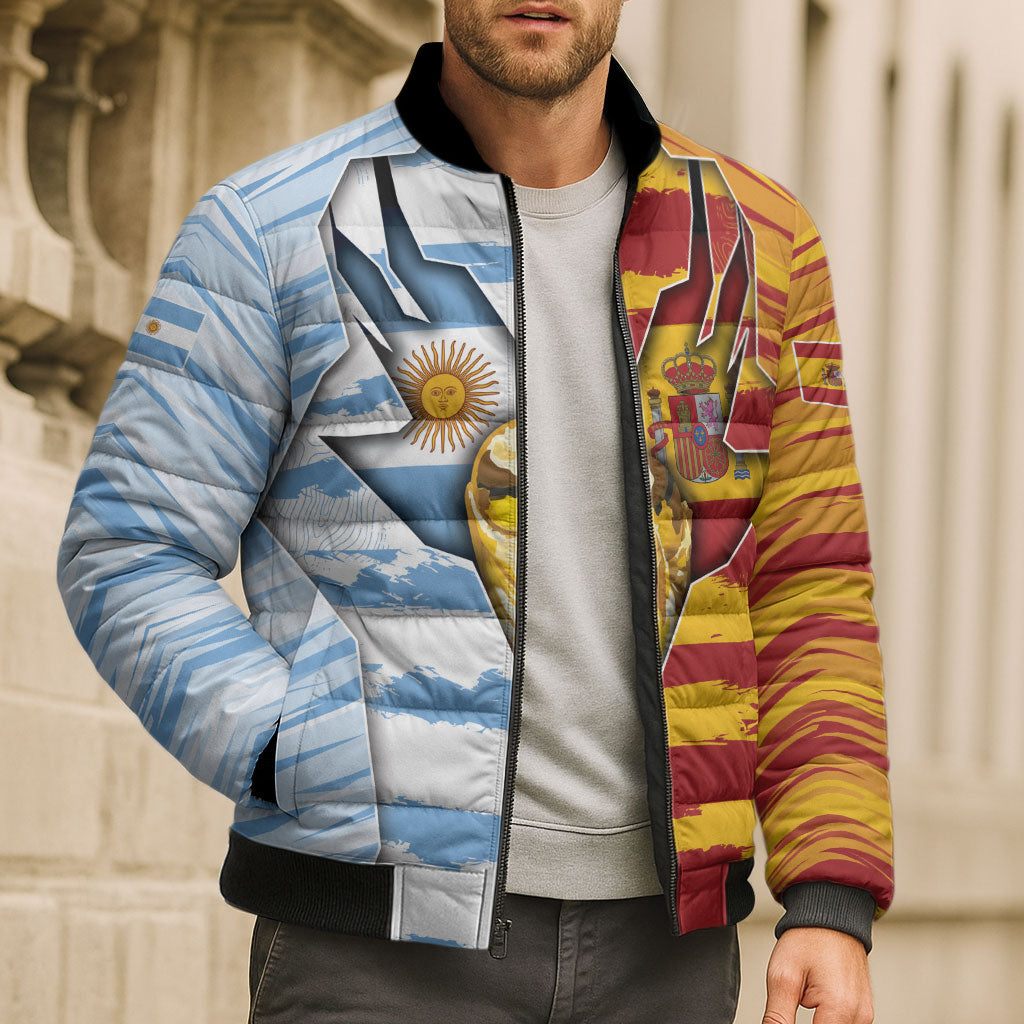Custom Argentina And Spain Football Bomber Puffer Jacket Split Flag Golden Trophy Grunge