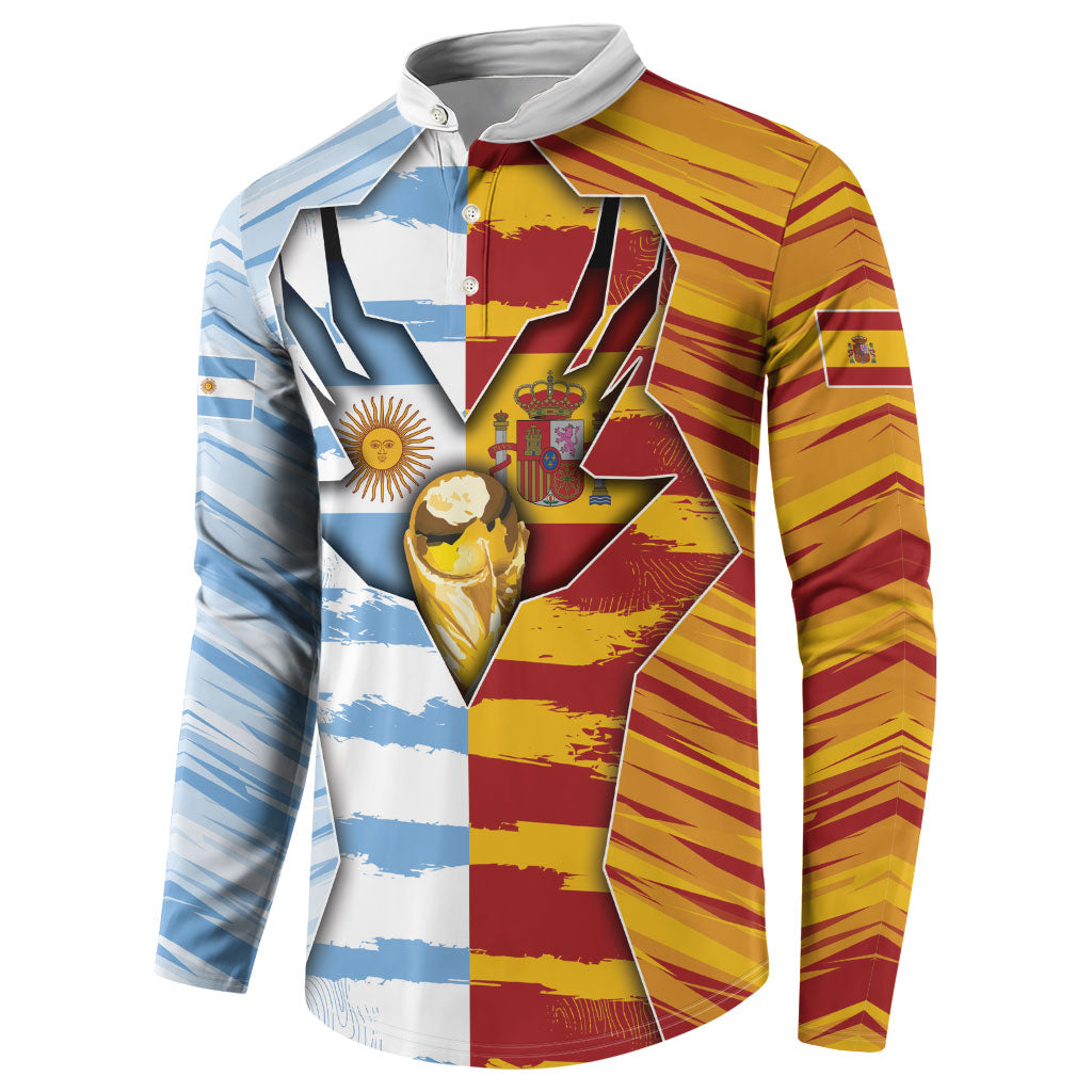 Custom Argentina And Spain Football Button Sweatshirt Split Flag Golden Trophy Grunge