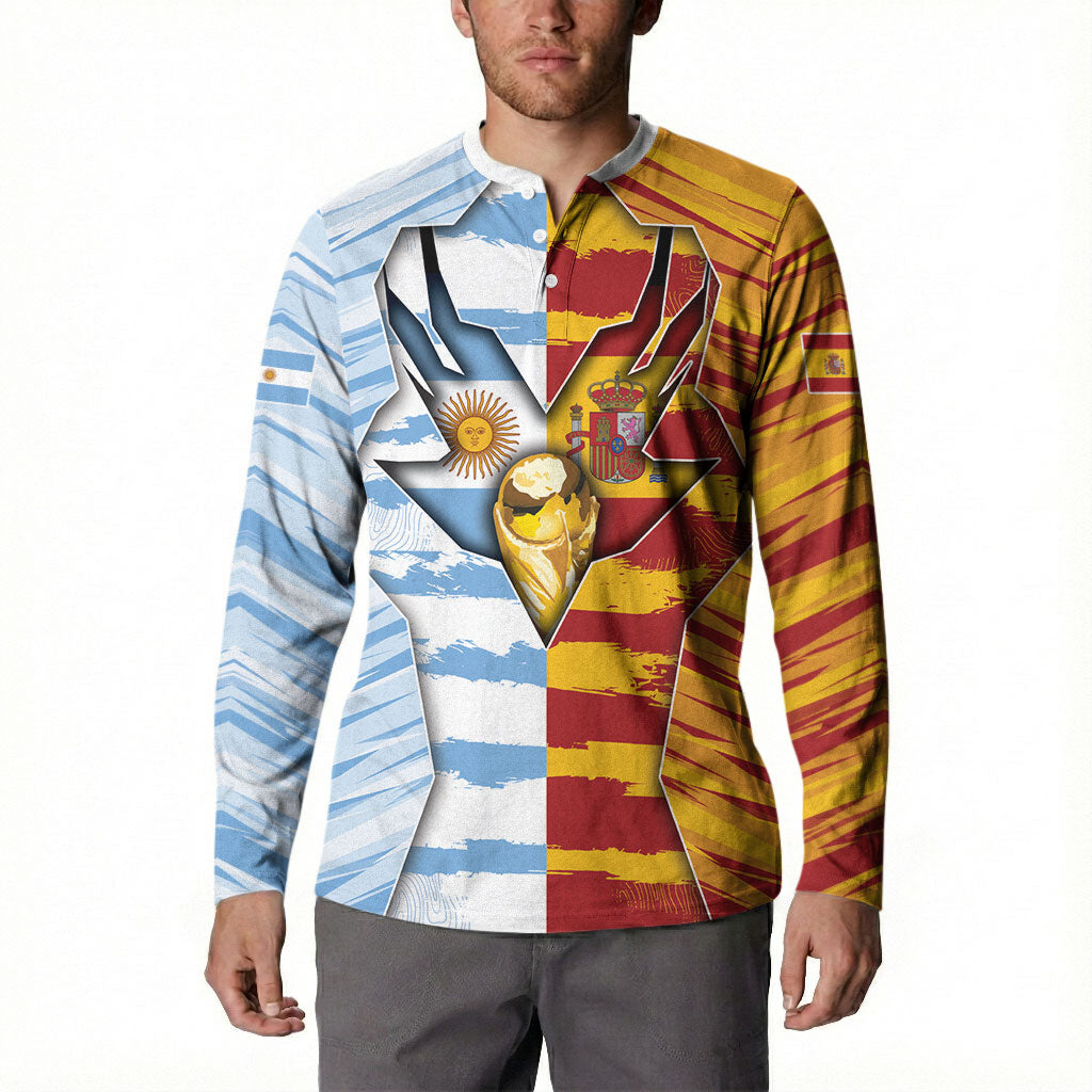 Custom Argentina And Spain Football Button Sweatshirt Split Flag Golden Trophy Grunge