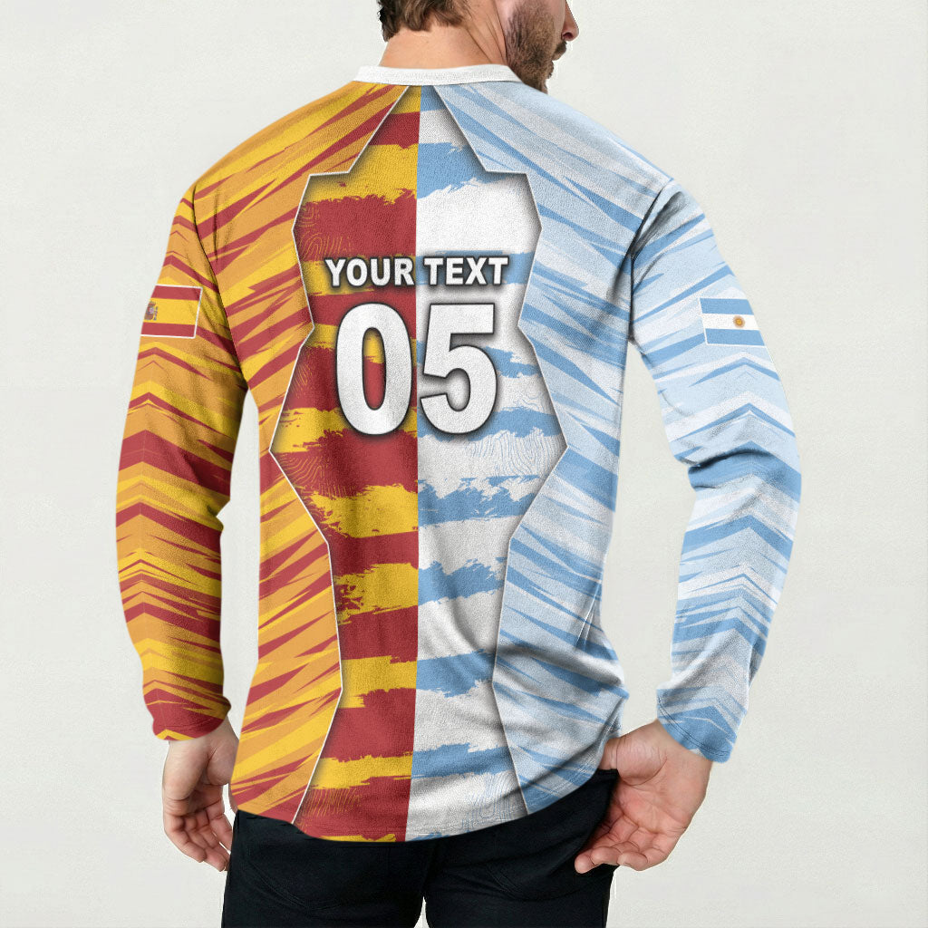 Custom Argentina And Spain Football Button Sweatshirt Split Flag Golden Trophy Grunge