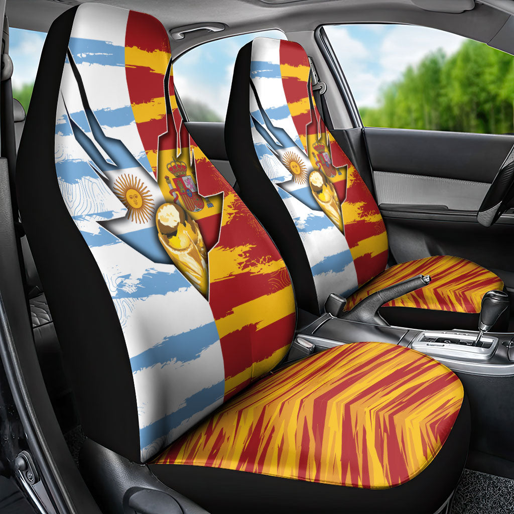 Argentina And Spain Football Car Seat Cover Split Flag Golden Trophy Grunge