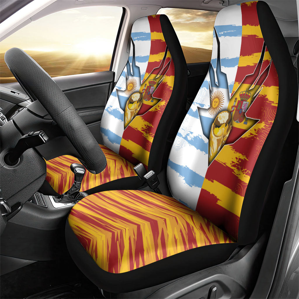 Argentina And Spain Football Car Seat Cover Split Flag Golden Trophy Grunge