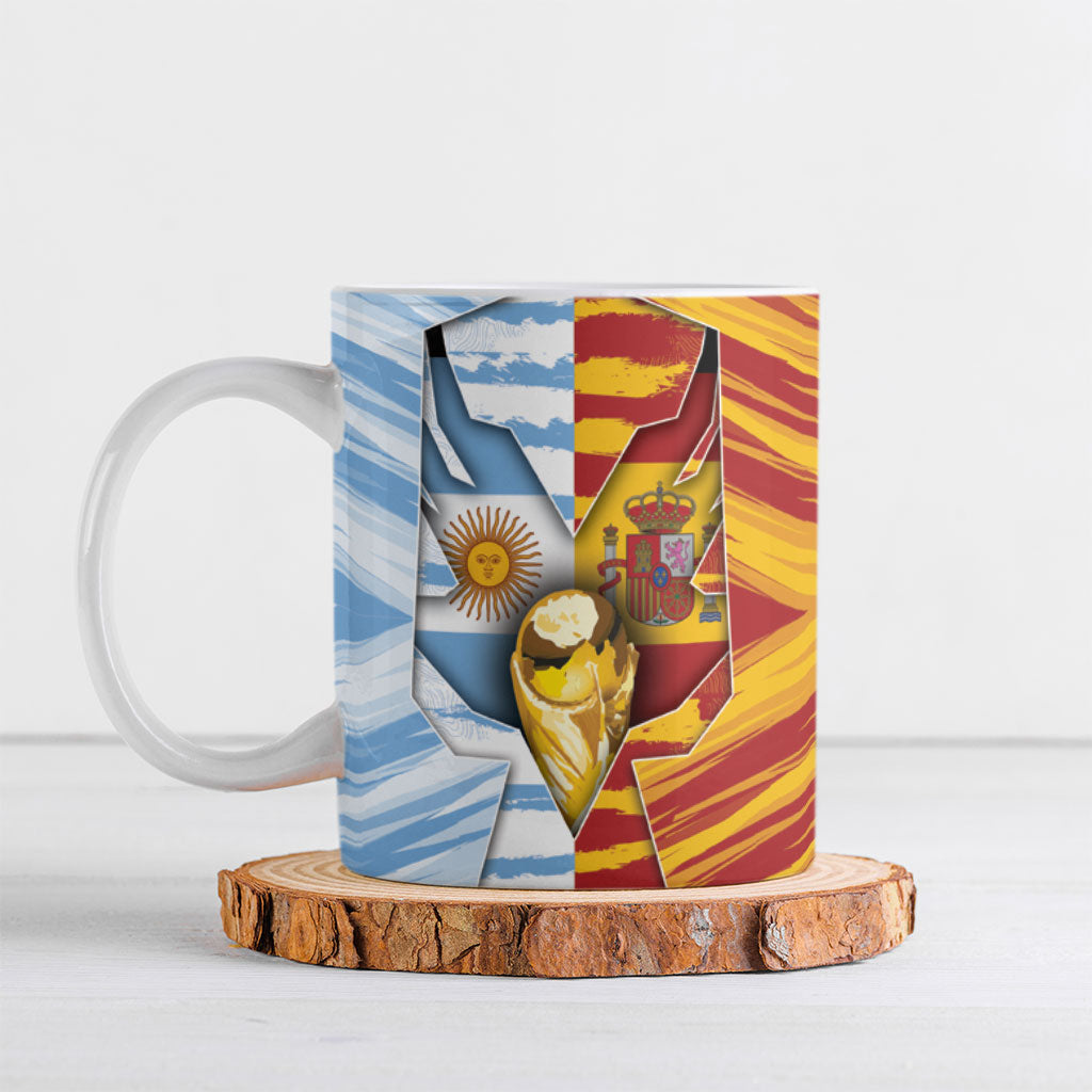 Custom Argentina And Spain Football Ceramic Mug Split Flag Golden Trophy Grunge