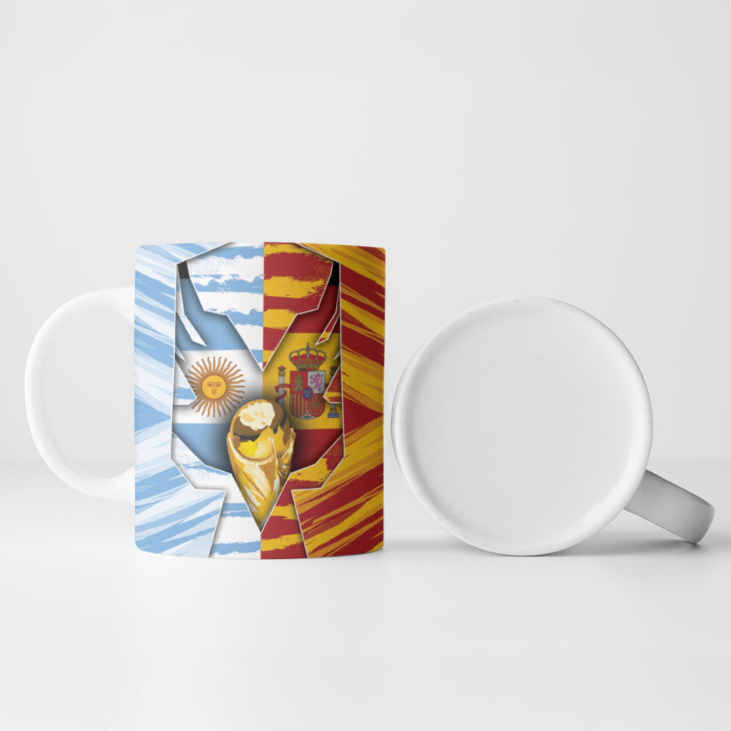 Custom Argentina And Spain Football Ceramic Mug Split Flag Golden Trophy Grunge
