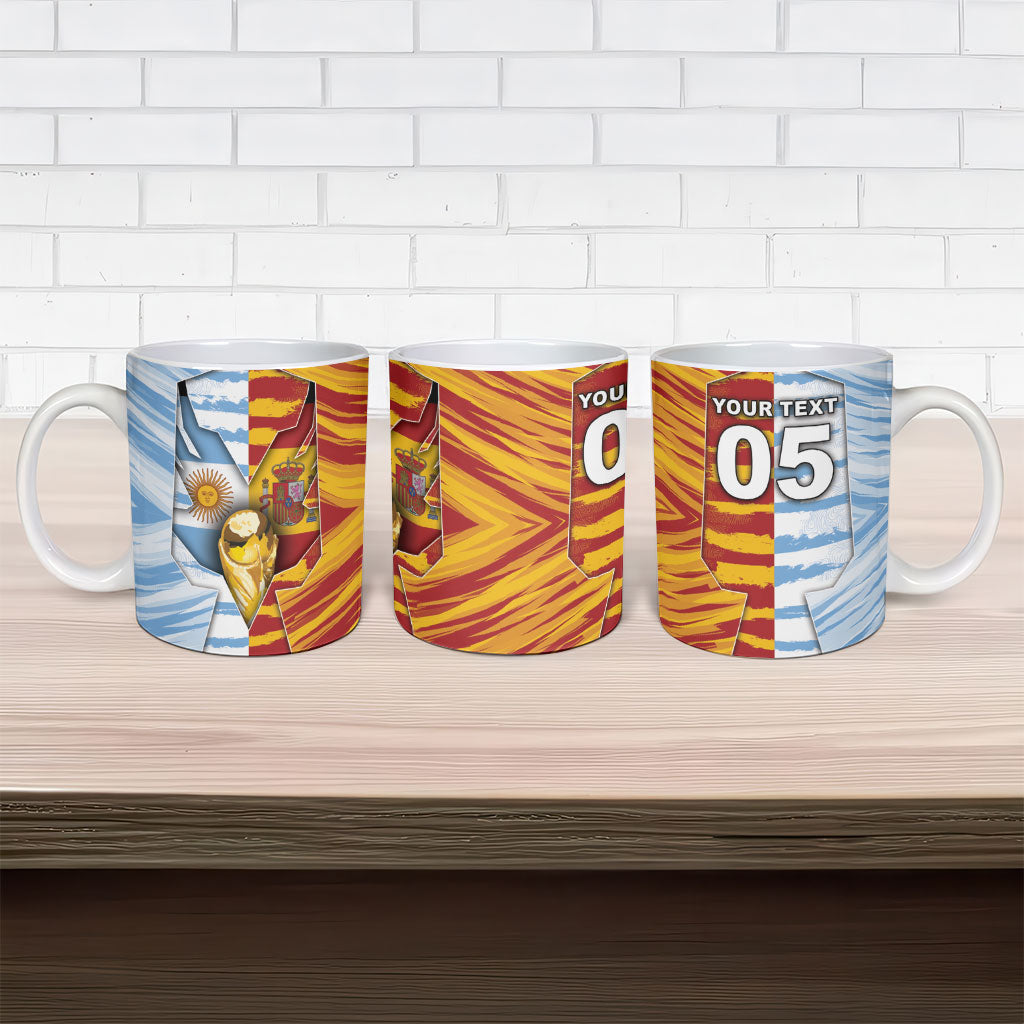 Custom Argentina And Spain Football Ceramic Mug Split Flag Golden Trophy Grunge