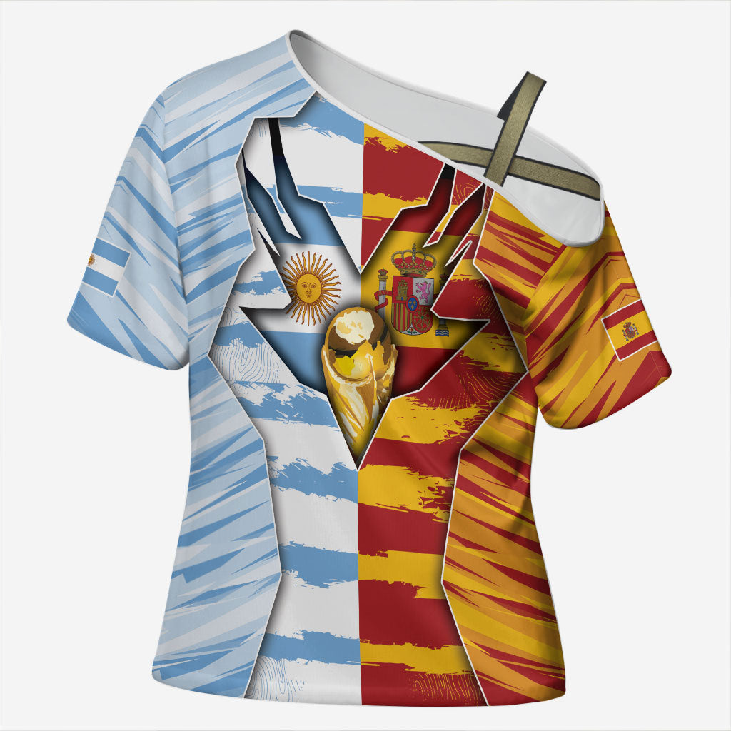 Custom Argentina And Spain Football Cross Shoulder Shirt Split Flag Golden Trophy Grunge