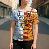 Custom Argentina And Spain Football Cross Shoulder Shirt Split Flag Golden Trophy Grunge