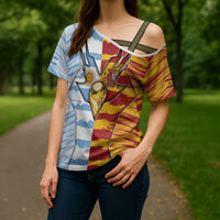 Custom Argentina And Spain Football Cross Shoulder Shirt Split Flag Golden Trophy Grunge