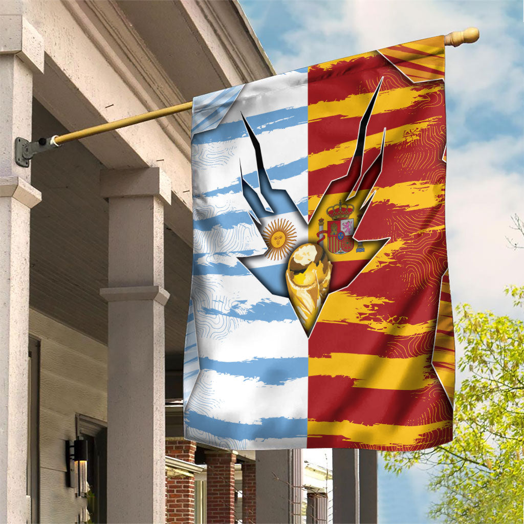 Argentina And Spain Football Garden Flag Split Flag Golden Trophy Grunge