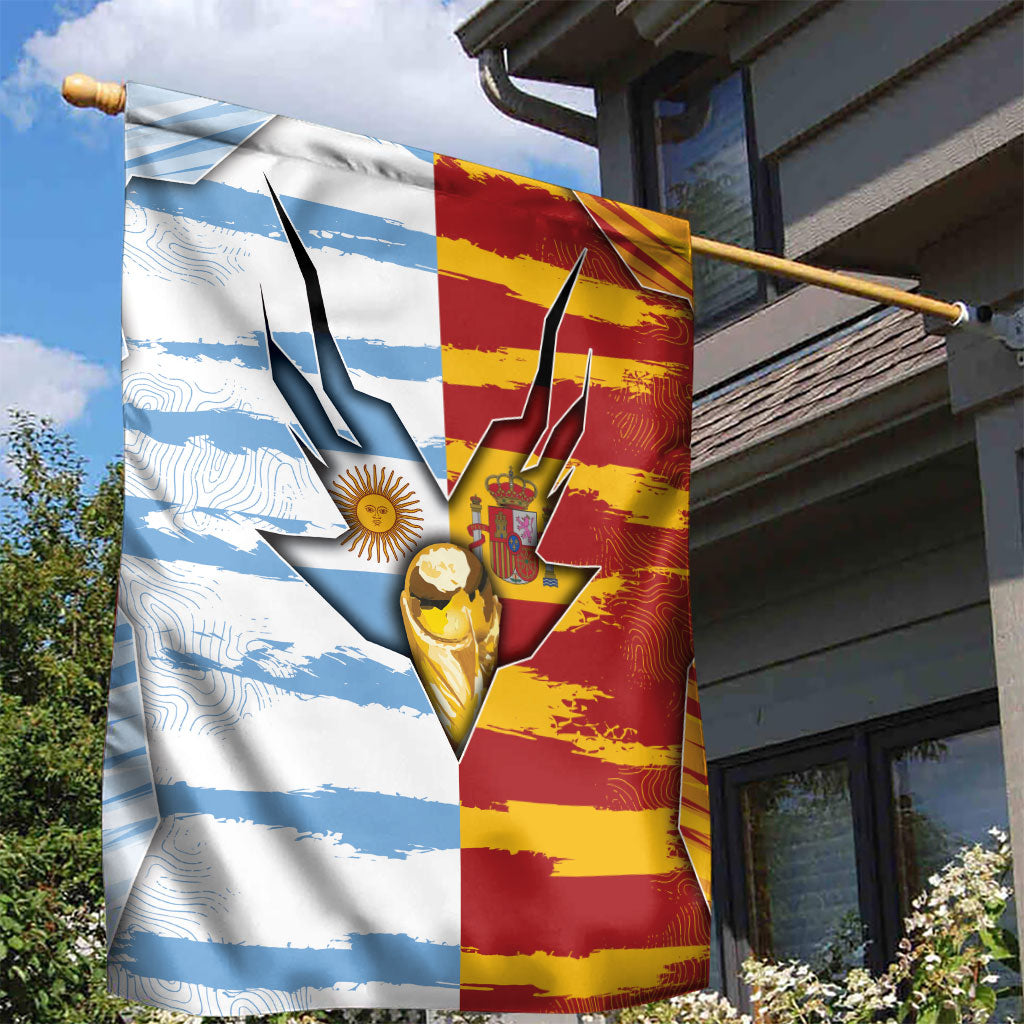 Argentina And Spain Football Garden Flag Split Flag Golden Trophy Grunge