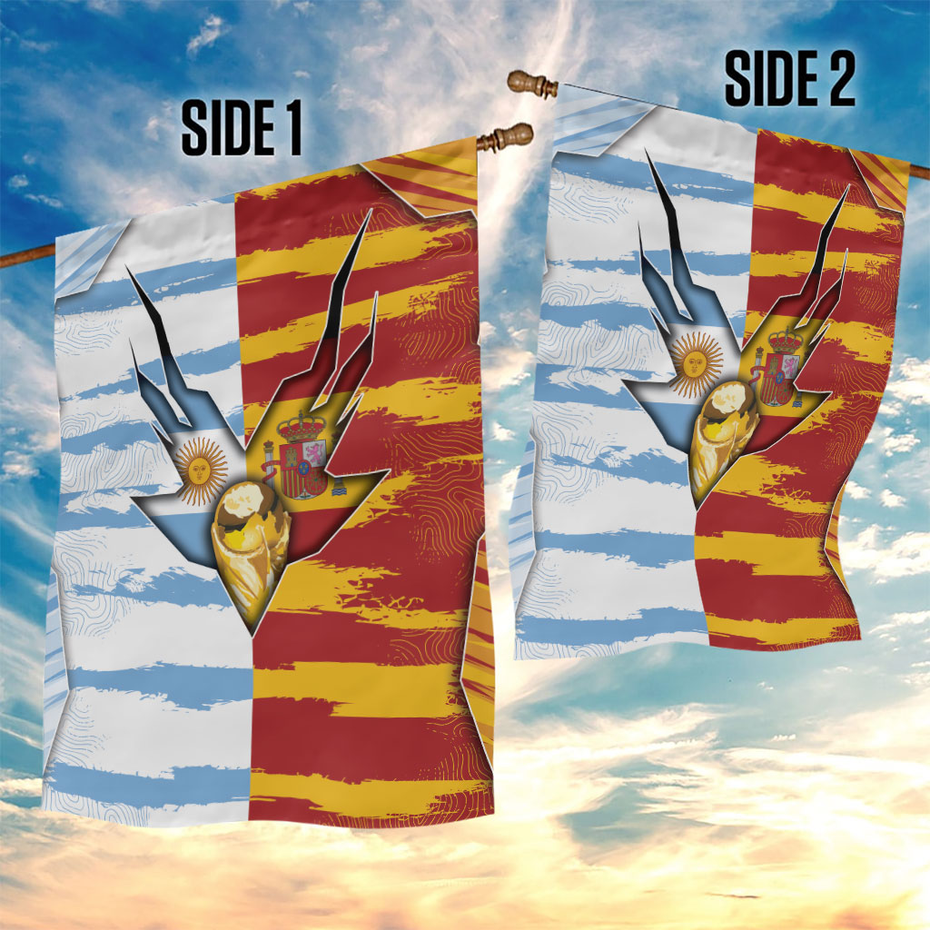 Argentina And Spain Football Garden Flag Split Flag Golden Trophy Grunge