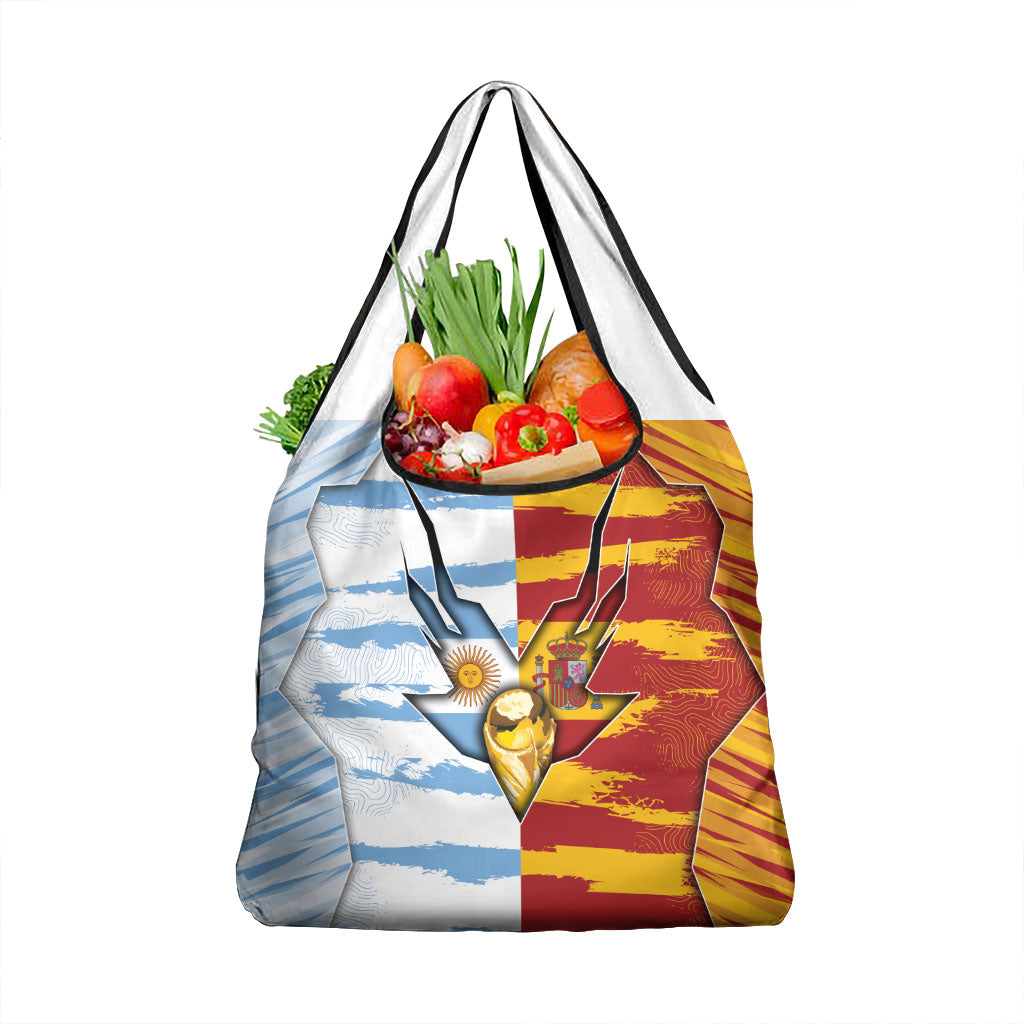 Argentina And Spain Football Grocery Bag Split Flag Golden Trophy Grunge