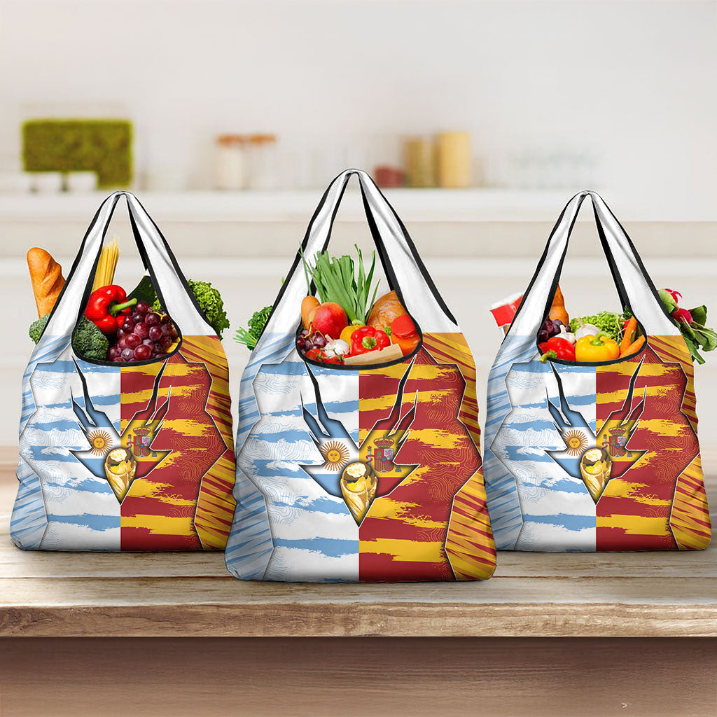 Argentina And Spain Football Grocery Bag Split Flag Golden Trophy Grunge