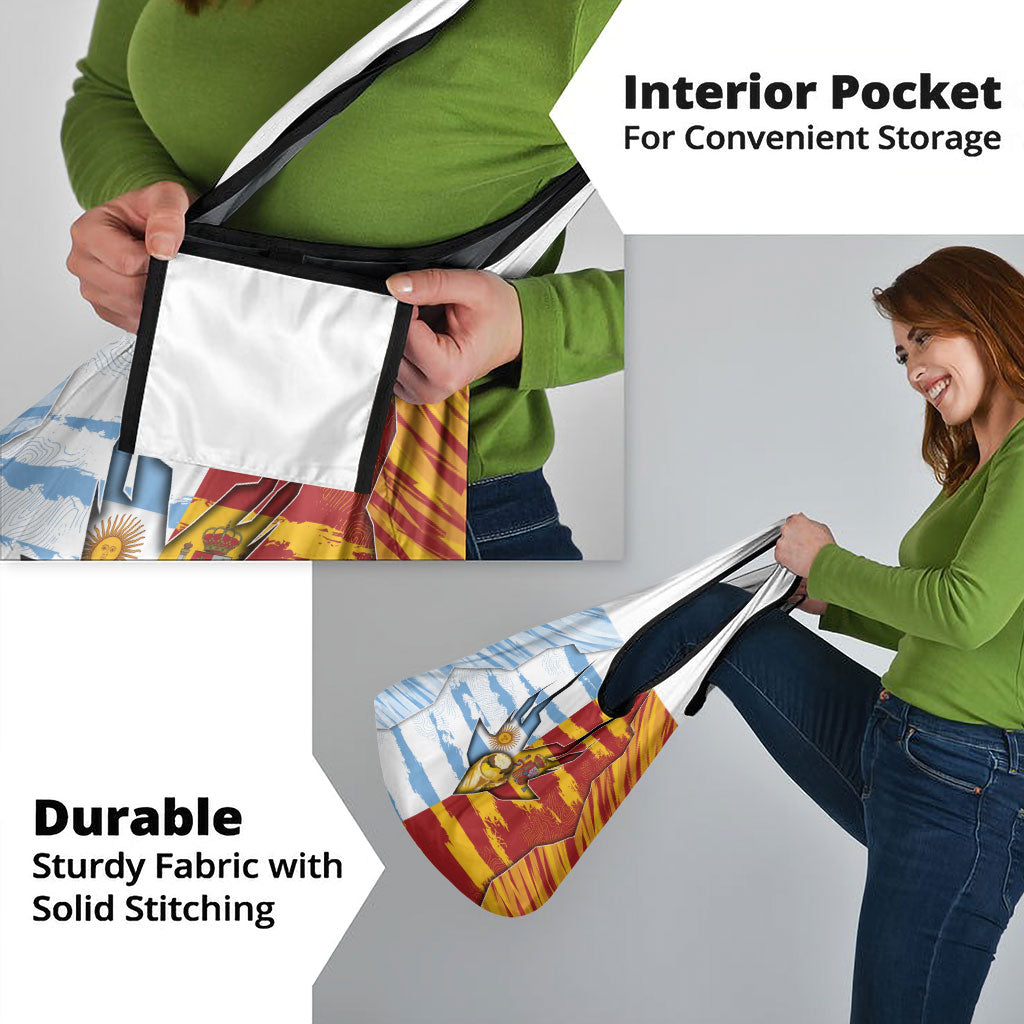 Argentina And Spain Football Grocery Bag Split Flag Golden Trophy Grunge
