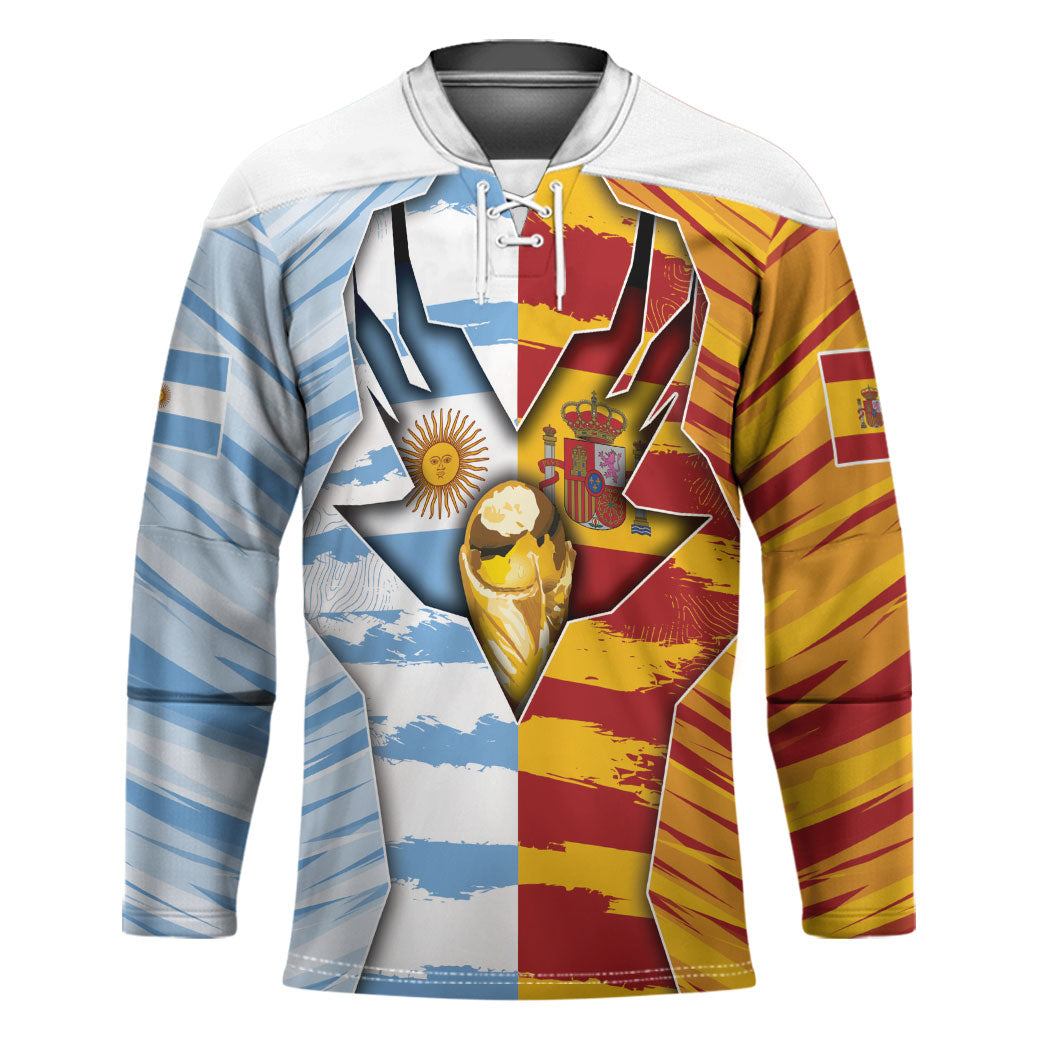 Custom Argentina And Spain Football Hockey Jersey Split Flag Golden Trophy Grunge
