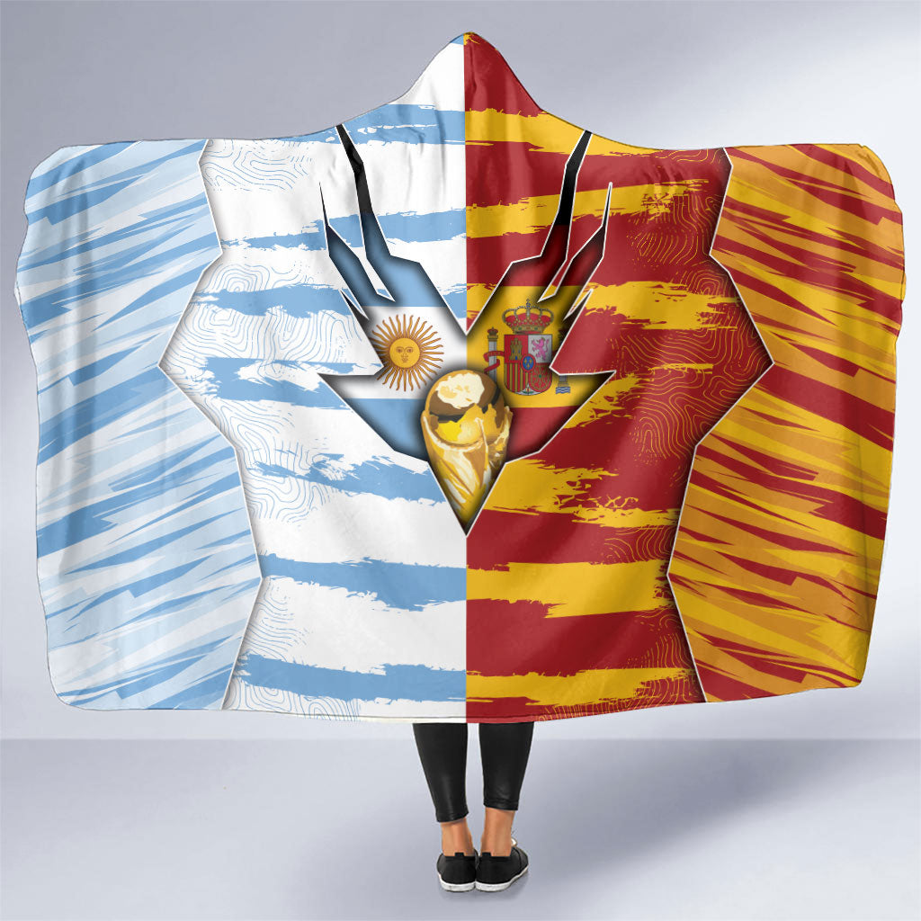 Argentina And Spain Football Hooded Blanket Split Flag Golden Trophy Grunge