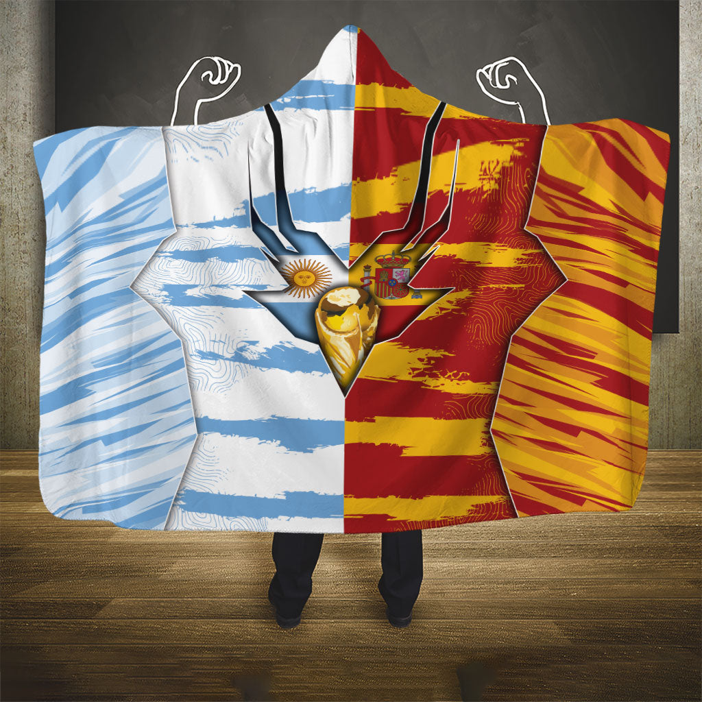 Argentina And Spain Football Hooded Blanket Split Flag Golden Trophy Grunge