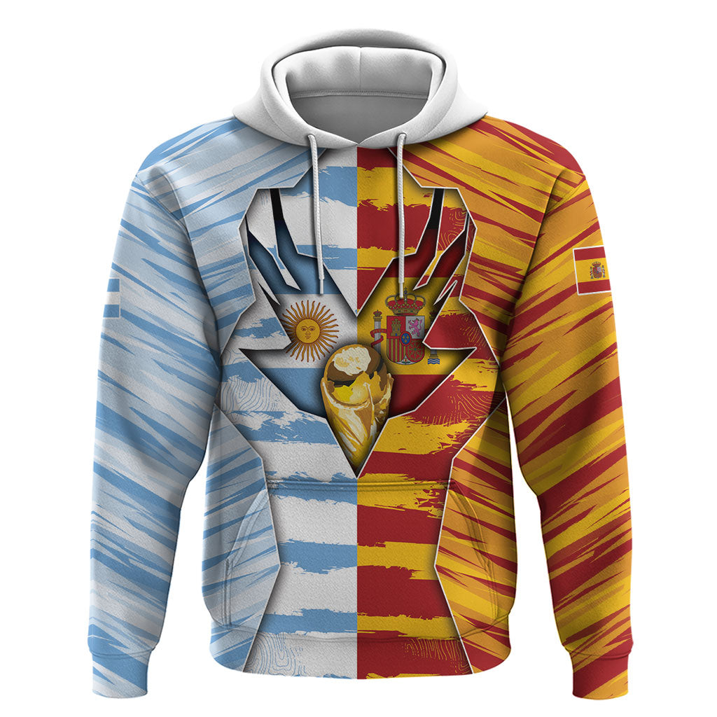 Custom Argentina And Spain Football Hoodie Split Flag Golden Trophy Grunge