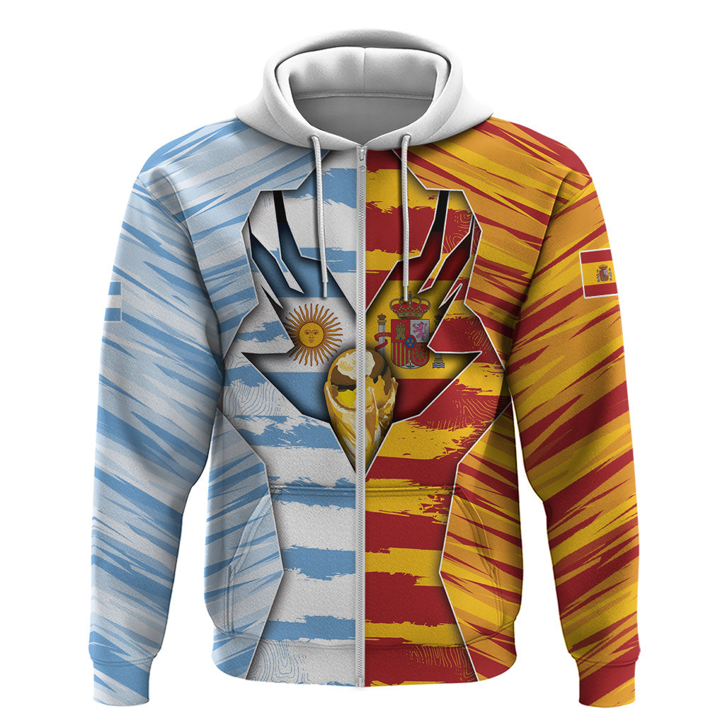 Custom Argentina And Spain Football Hoodie Split Flag Golden Trophy Grunge