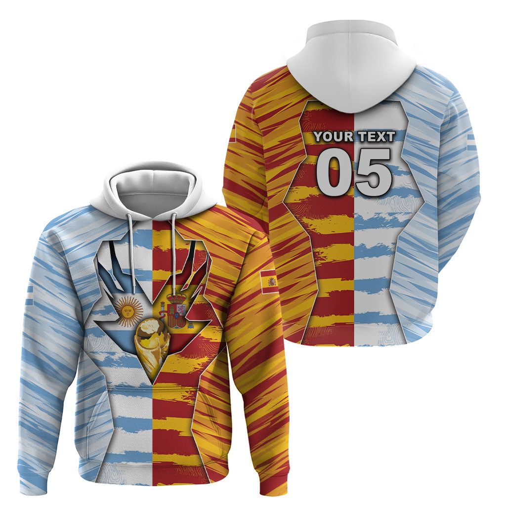 Custom Argentina And Spain Football Hoodie Split Flag Golden Trophy Grunge