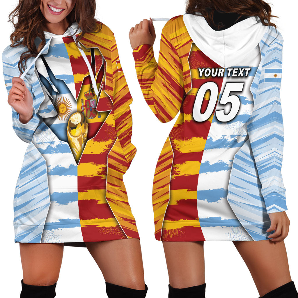 Custom Argentina And Spain Football Hoodie Dress Split Flag Golden Trophy Grunge
