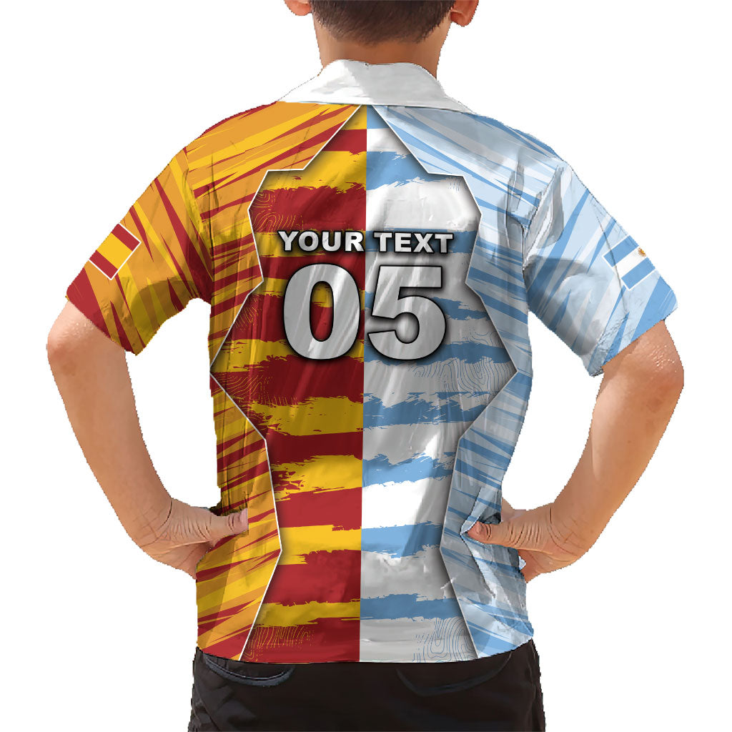 Custom Argentina And Spain Football Kid Hawaiian Shirt Split Flag Golden Trophy Grunge