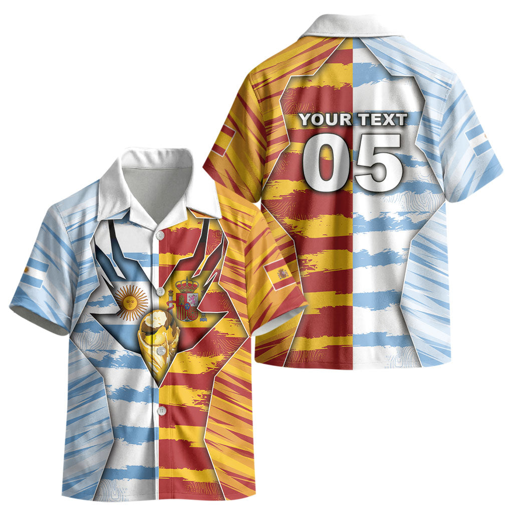 Custom Argentina And Spain Football Kid Hawaiian Shirt Split Flag Golden Trophy Grunge DT05