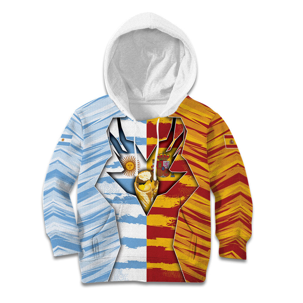 Custom Argentina And Spain Football Kid Hoodie Split Flag Golden Trophy Grunge