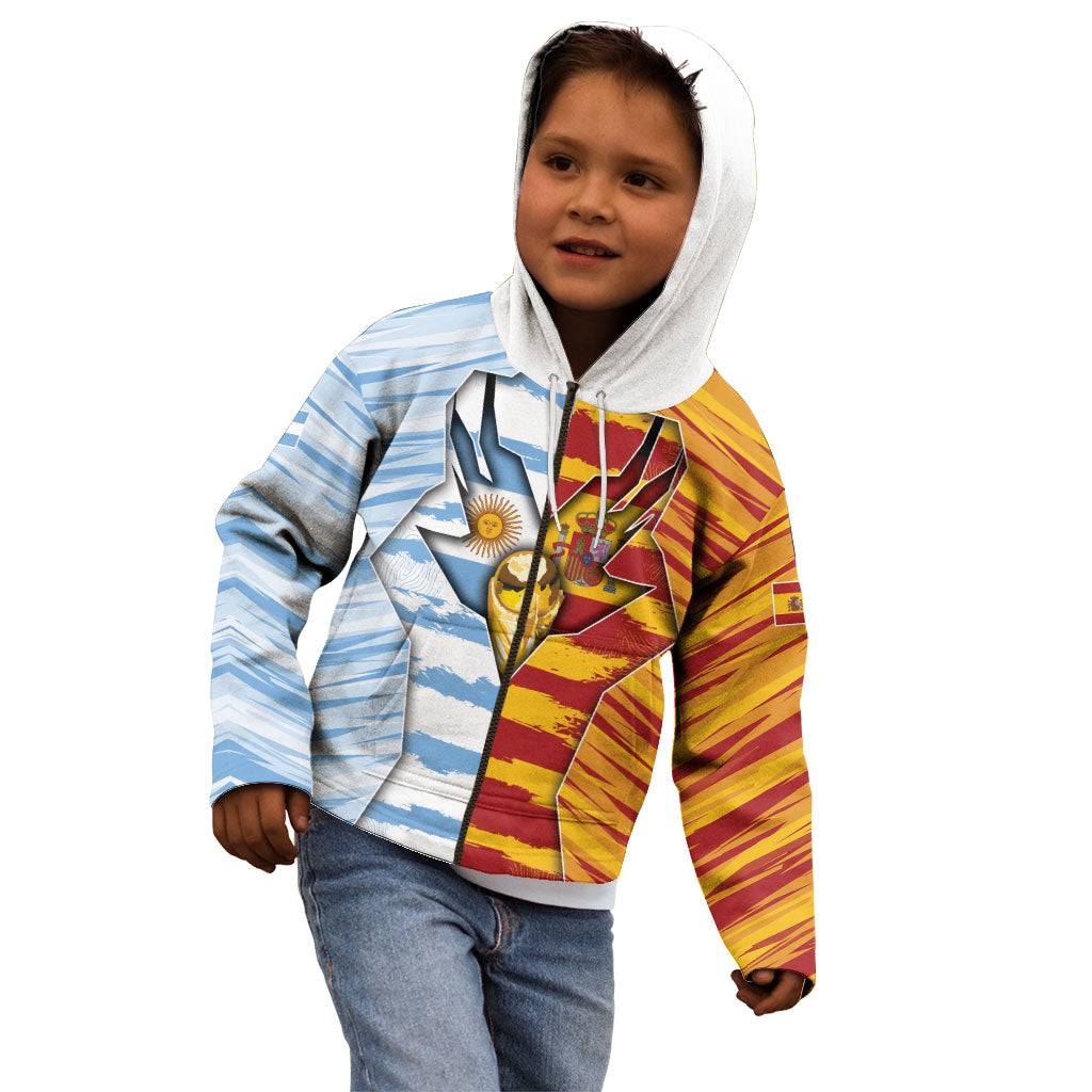 Custom Argentina And Spain Football Kid Hoodie Split Flag Golden Trophy Grunge