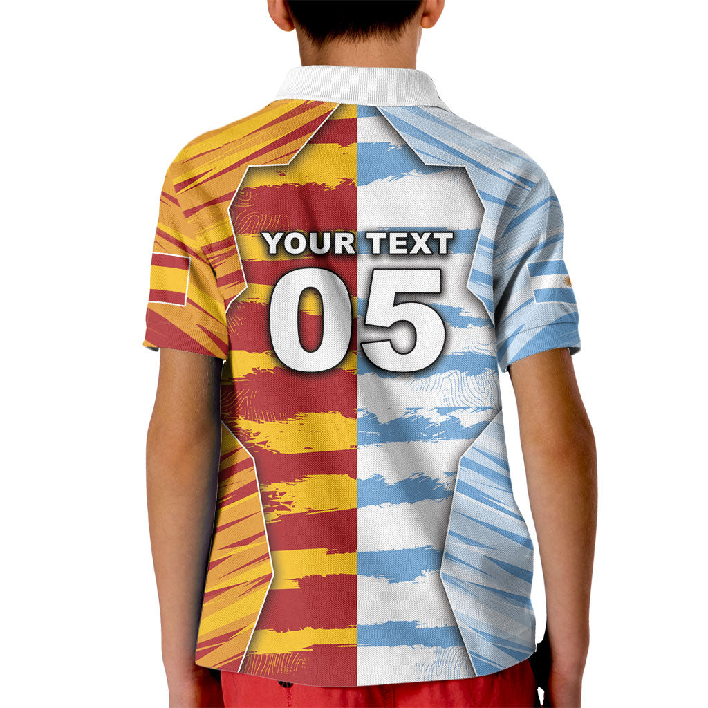 Custom Argentina And Spain Football Kid Polo Shirt Split Flag Golden Trophy Grunge