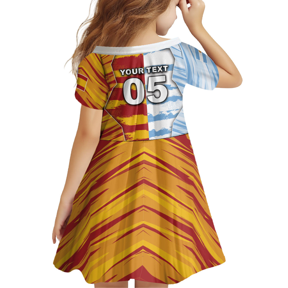 Custom Argentina And Spain Football Kid Short Sleeve Dress Split Flag Golden Trophy Grunge