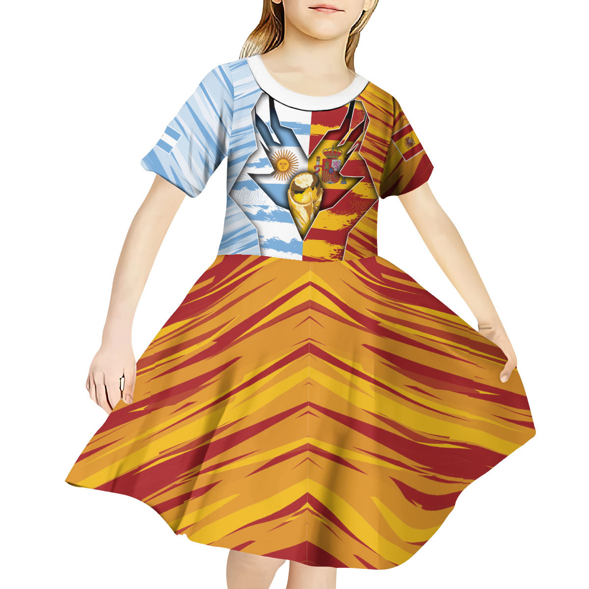 Custom Argentina And Spain Football Kid Short Sleeve Dress Split Flag Golden Trophy Grunge