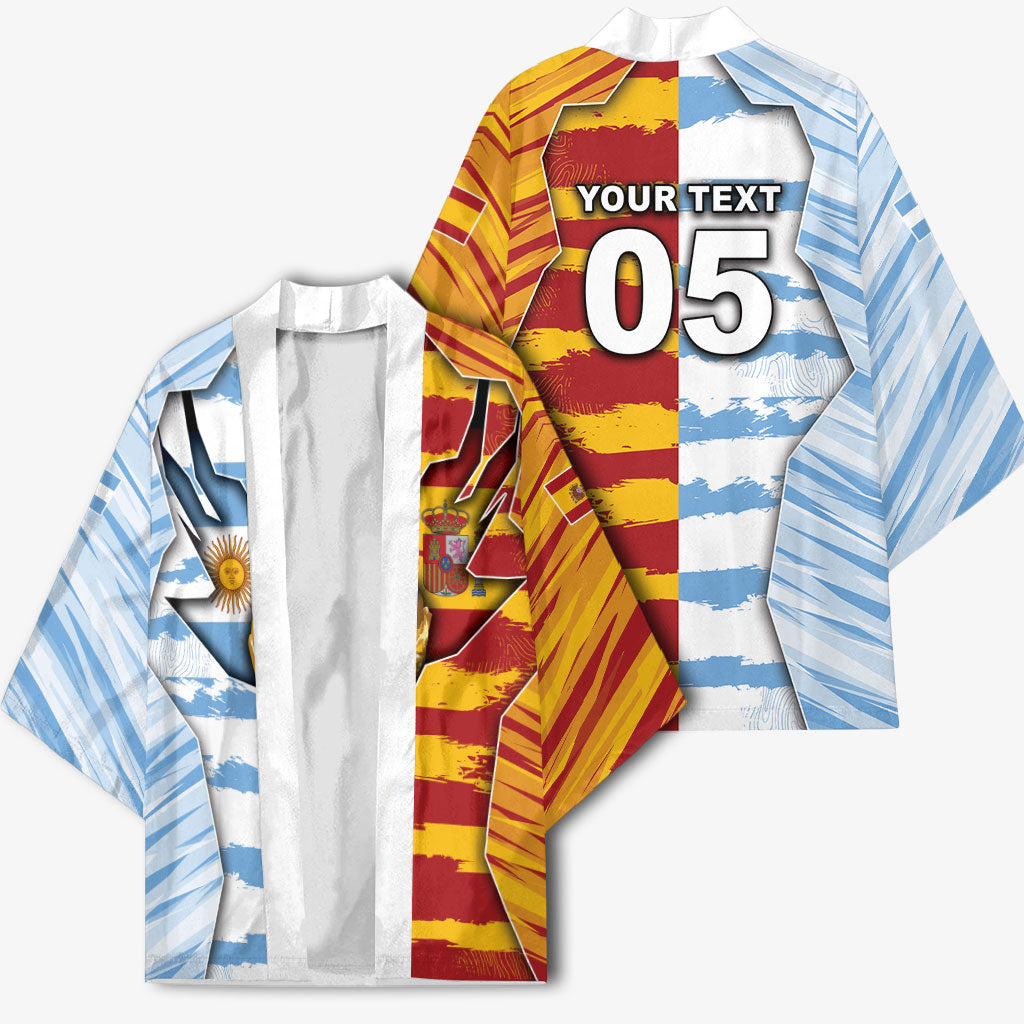 Custom Argentina And Spain Football Kimono Split Flag Golden Trophy Grunge
