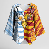 Custom Argentina And Spain Football Kimono Sleeve Blouse Split Flag Golden Trophy Grunge