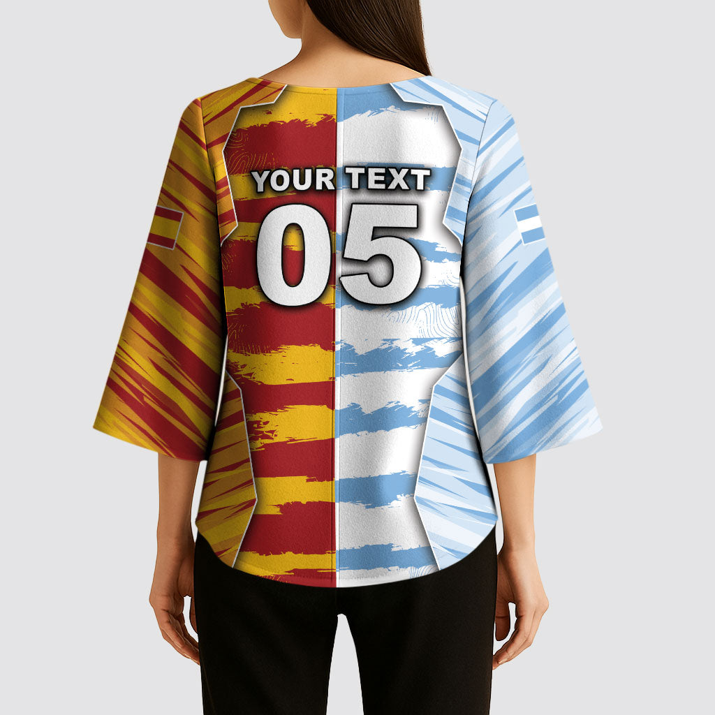 Custom Argentina And Spain Football Kimono Sleeve Blouse Split Flag Golden Trophy Grunge