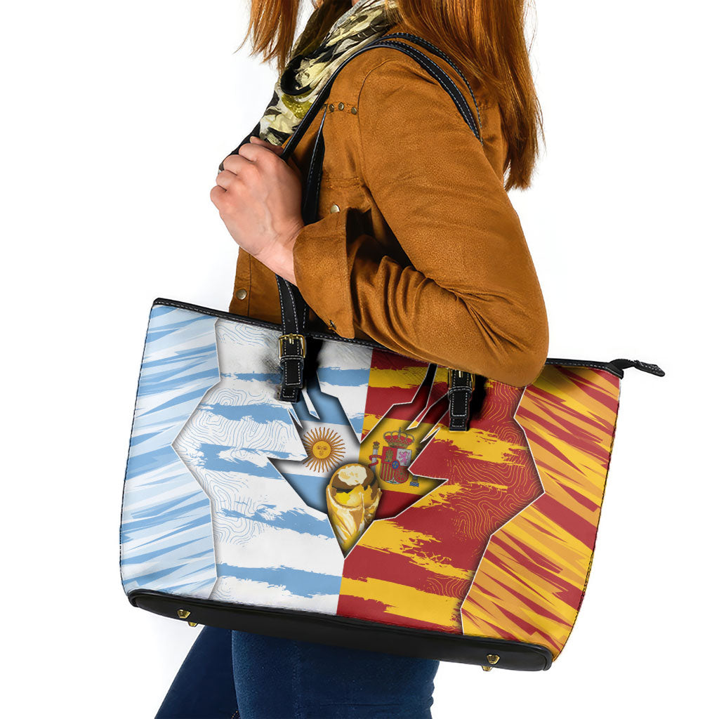 Argentina And Spain Football Leather Tote Bag Split Flag Golden Trophy Grunge
