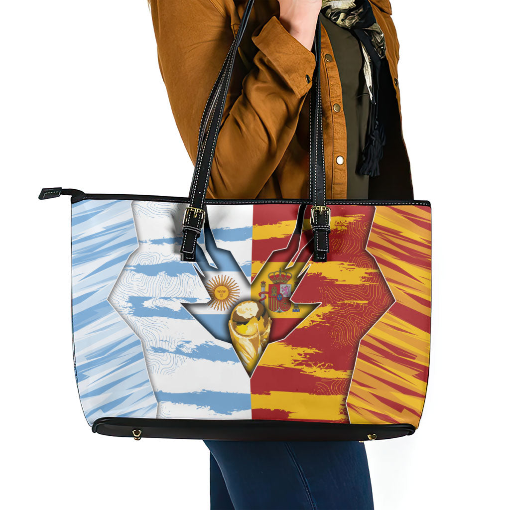 Argentina And Spain Football Leather Tote Bag Split Flag Golden Trophy Grunge