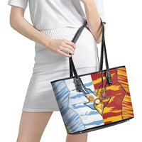 Argentina And Spain Football Leather Tote Bag Split Flag Golden Trophy Grunge
