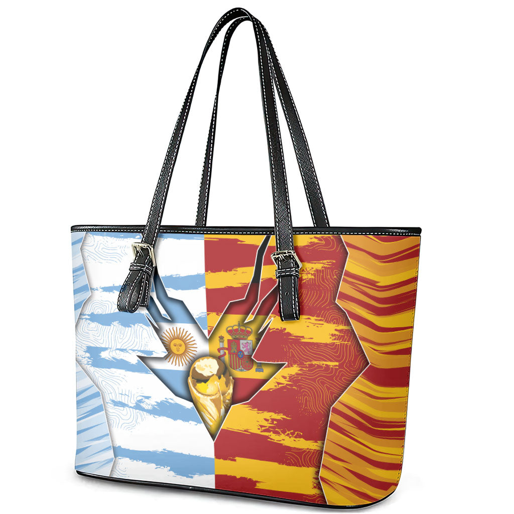 Argentina And Spain Football Leather Tote Bag Split Flag Golden Trophy Grunge