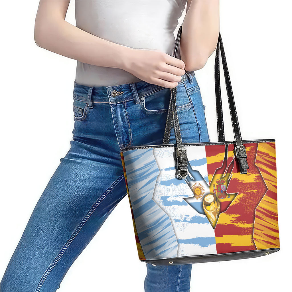 Argentina And Spain Football Leather Tote Bag Split Flag Golden Trophy Grunge