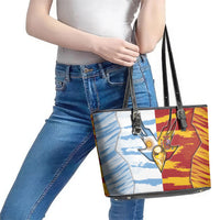 Argentina And Spain Football Leather Tote Bag Split Flag Golden Trophy Grunge